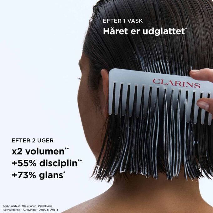 Udglatende balsamresultater p&aring; h&aring;ret: dobbelt s&aring; meget volumen og 73 procent mere glans til let stylet h&aring;r.
