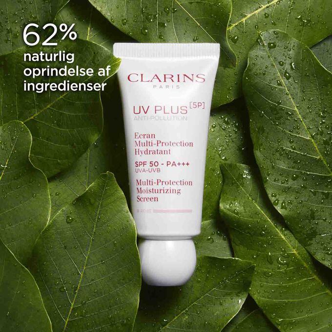 Packshot of Clarins UV Plus Anti-Pollution Rose among organic mango leaves, highlighting 62% natural origin ingredients.