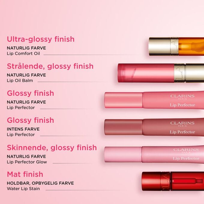 Clarins&rsquo; uundv&aelig;rlige l&aelig;beprodukter: Lip Oil, Lip Balm, Lip Stain og Lip Perfector &ndash; for naturlig farve, komfort og langvarig glans.