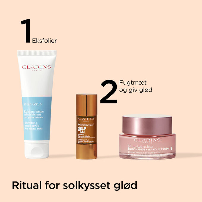 Packshot of Clarins' progressive self-tanning skincare routine range for a progressive sun-kissed complexion without sun