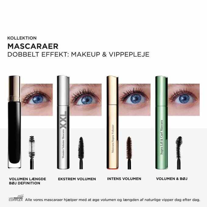 Clarins mascarakollektion, der viser volumen, l&aelig;ngde, b&oslash;j og definition med vippeboostende kompleks for pleje og h&oslash;j ydeevne.