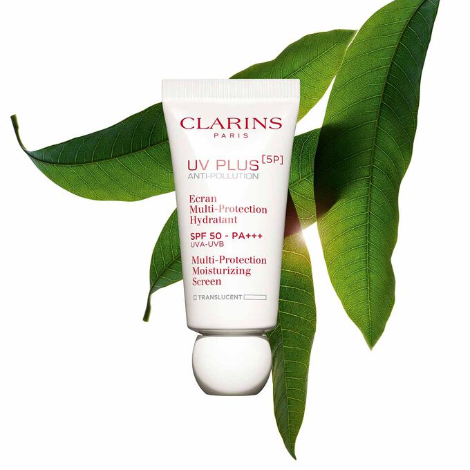 Packshot of a tube of Clarins UV Plus Anti-Pollution Translucent, a Moisturising Fluid wth SPF 50 on a white background.