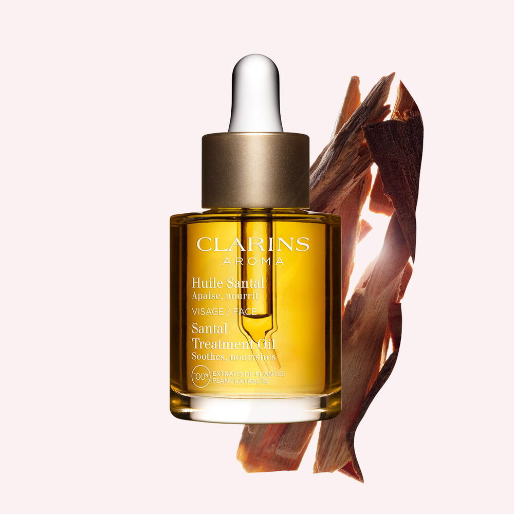 Clarins Santal Face Treatment Oil med hundrede procent rene planteekstrakter til dyb n&aelig;ring og lindring af meget t&oslash;r hud.