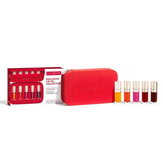 Fremvisning af Lip Oil-etui i rødt stof, med 5 nuancer.