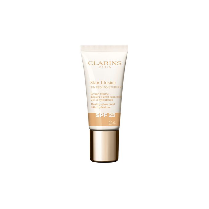 Packshot of Tinted Moisturizer with spf for medium skin shade 04, placed next to kiwi slides on a beige background