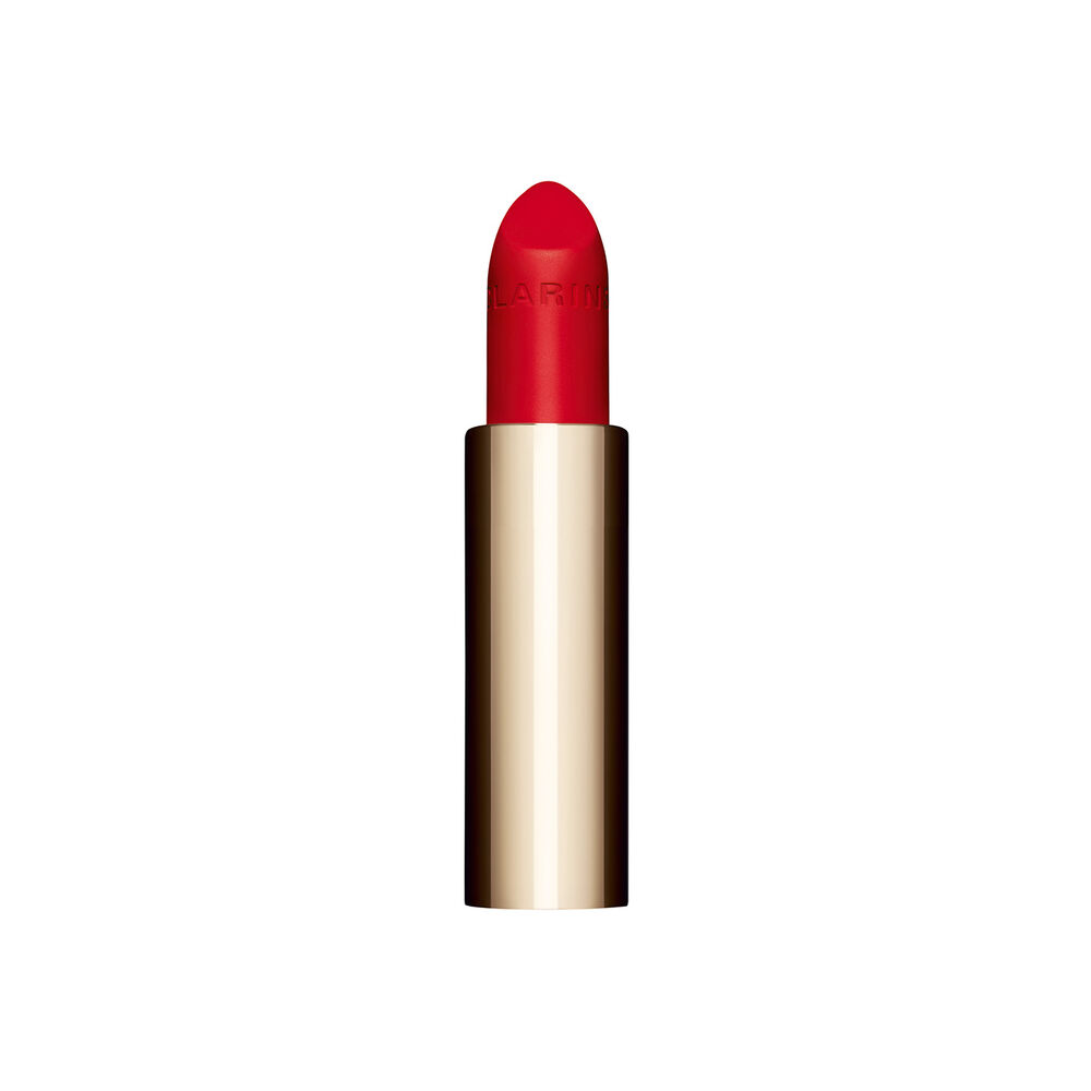Packshot af det røde genopfyldningsbare læbestift Joli Rouge i nuancen 768V fra Clarins, der fremhæver dens bæredygtige og elegante design.
