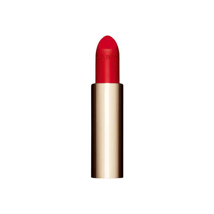 Packshot af det røde genopfyldningsbare læbestift Joli Rouge i nuancen 768V fra Clarins, der fremhæver dens bæredygtige og elegante design.