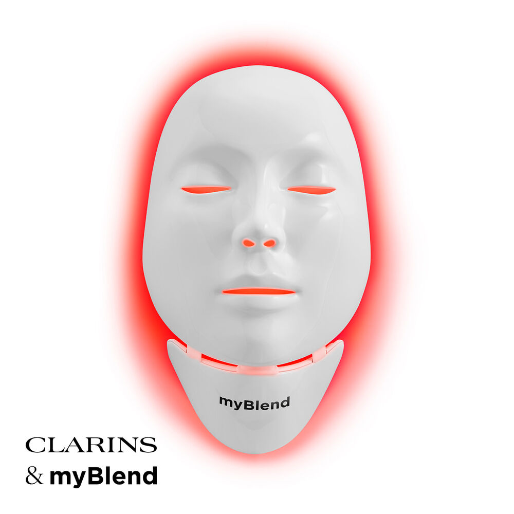 Packshot af myLEDmask2 til ansigt og hals fra myBlend i samarbejde med Clarins Distribution