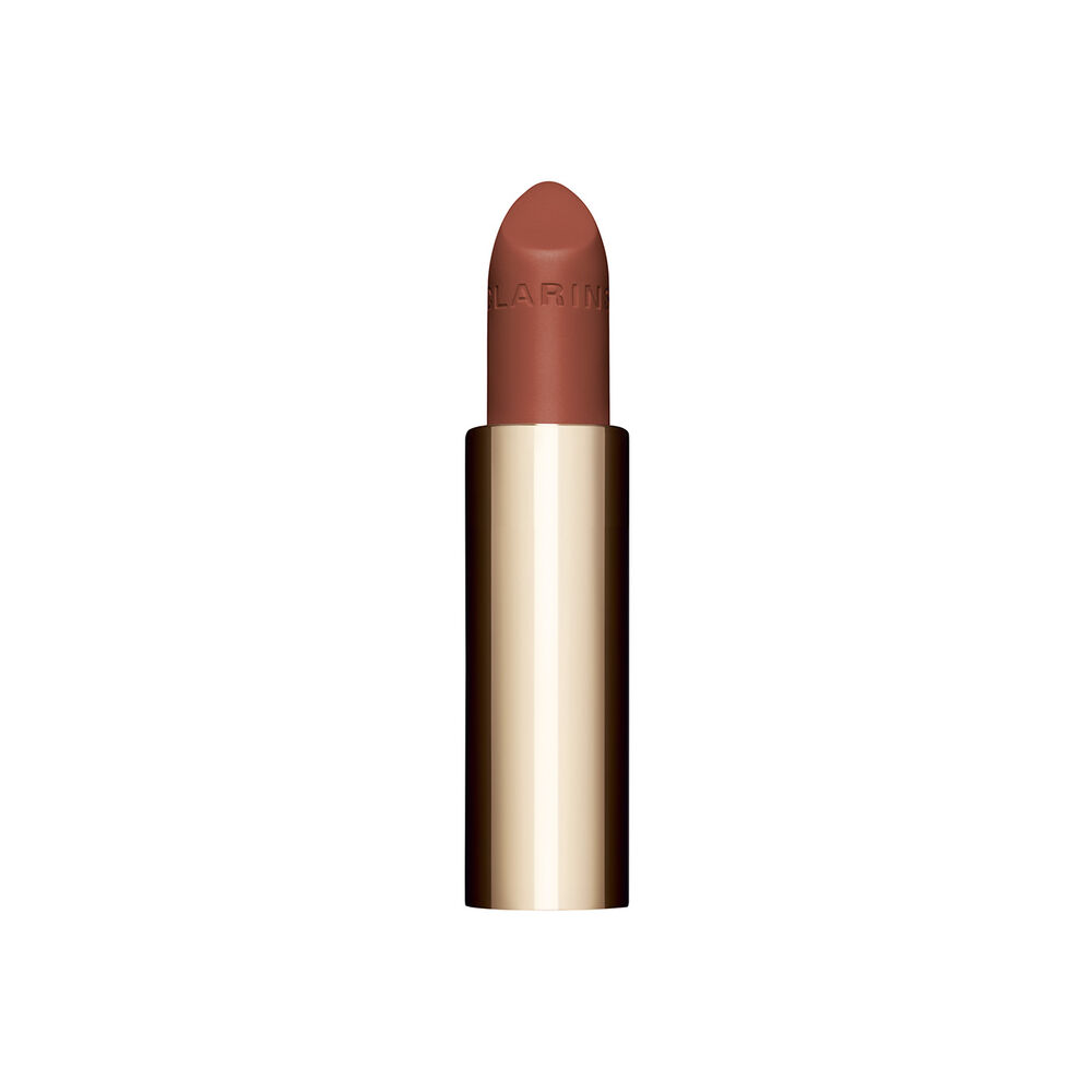 Packshot af det bruna genopfyldningsbare læbestift Joli Rouge i nuancen 784V fra Clarins, der fremhæver dens bæredygtige og elegante design.