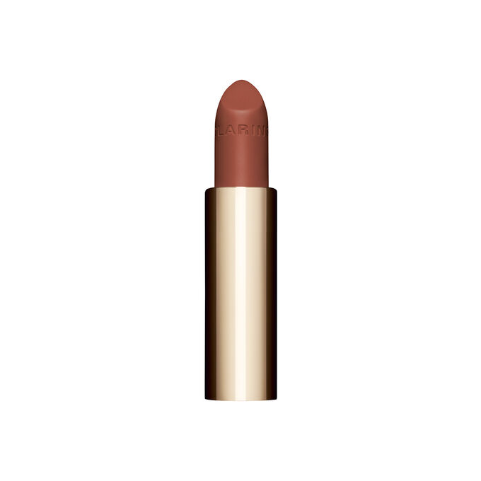 Packshot af det bruna genopfyldningsbare læbestift Joli Rouge i nuancen 784V fra Clarins, der fremhæver dens bæredygtige og elegante design.