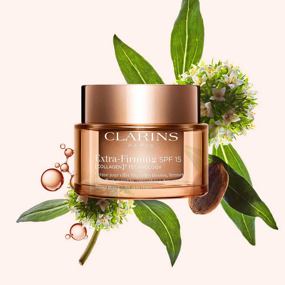 Packshot of Clarins Extra Firming Day Cream with spf, alongside mitracarpus plant, pecan seed, and collagen molecule