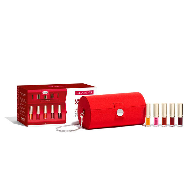 Fremvisning af Lip Oil-pung i rødt stof, med 5 nuancer.