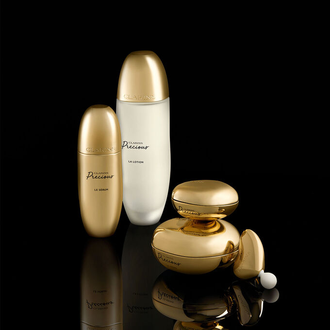 Packshot of Clarins Precious Luxury skincare range that compose the perfect anti-aging routine.