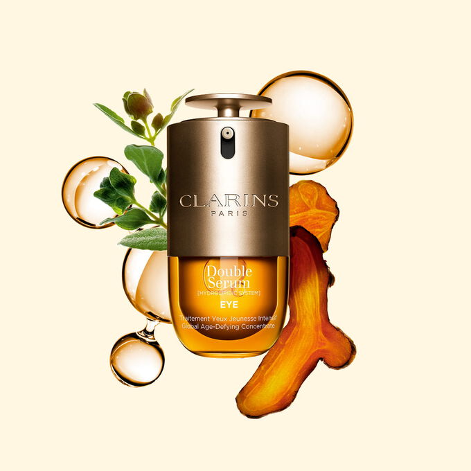 Double Serum Eye &oslash;jenkonturserum med gurkemeje, merian, niacinamid og koffein til en komplet fugtgivende &oslash;jenplejerutine.