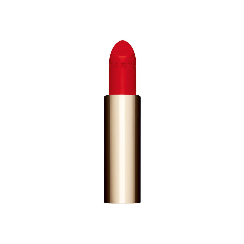 Packshot af det intens røde genopfyldningsbare læbestift Joli Rouge i nuancen 792V fra Clarins, der fremhæver dens bæredygtige og elegante design.