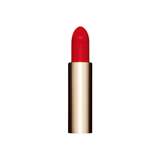 Packshot af det intens røde genopfyldningsbare læbestift Joli Rouge i nuancen 792V fra Clarins, der fremhæver dens bæredygtige og elegante design.
