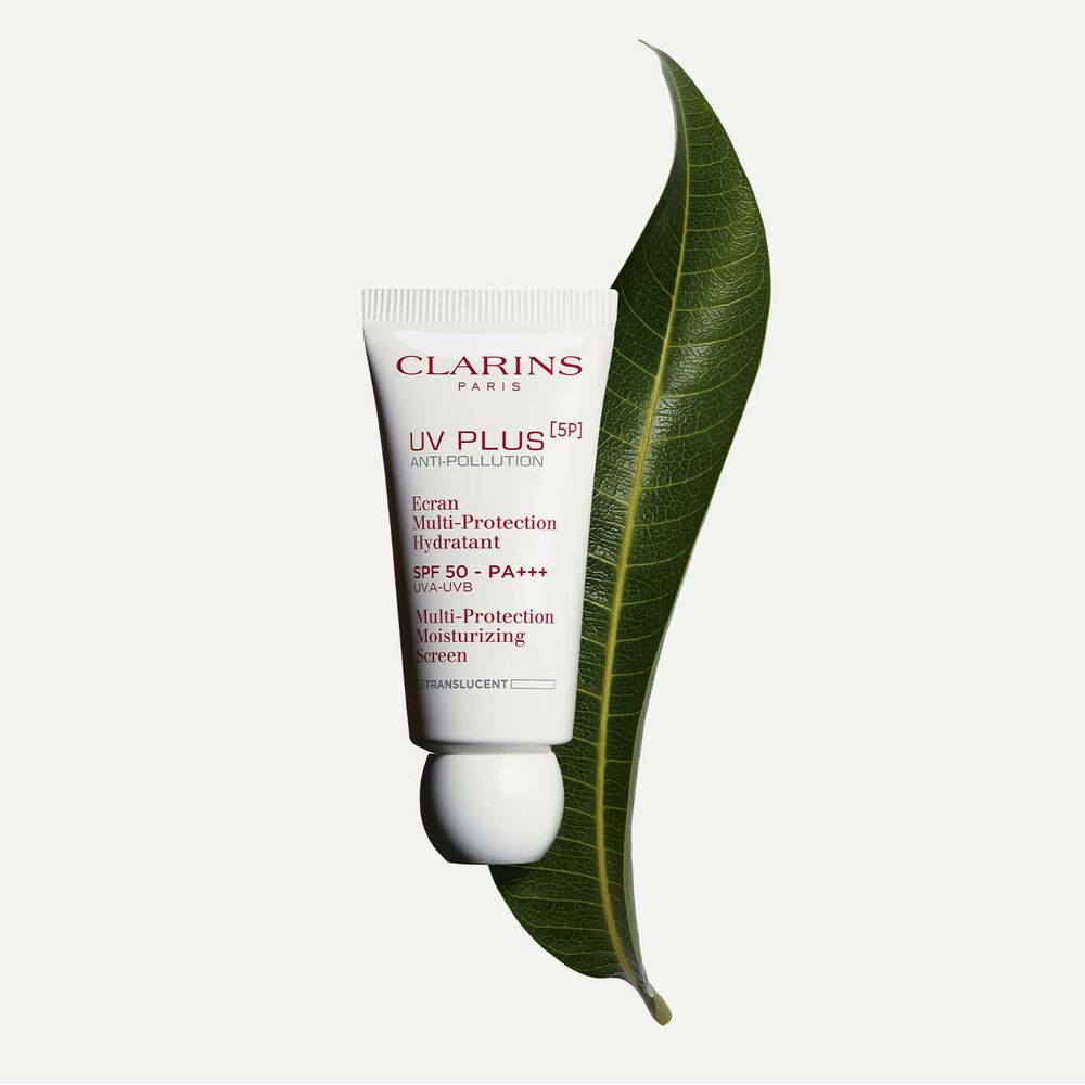 Packshot of a tube of Clarins UV Plus Anti-Pollution Translucent, a Moisturising Fluid wth SPF 50 on a white background.