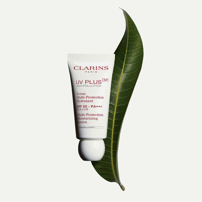 Packshot of a tube of Clarins UV Plus Anti-Pollution Translucent, a Moisturising Fluid wth SPF 50 on a white background.