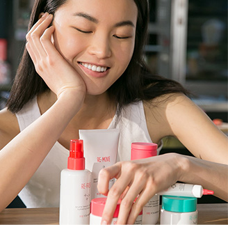 Young girl touching the products